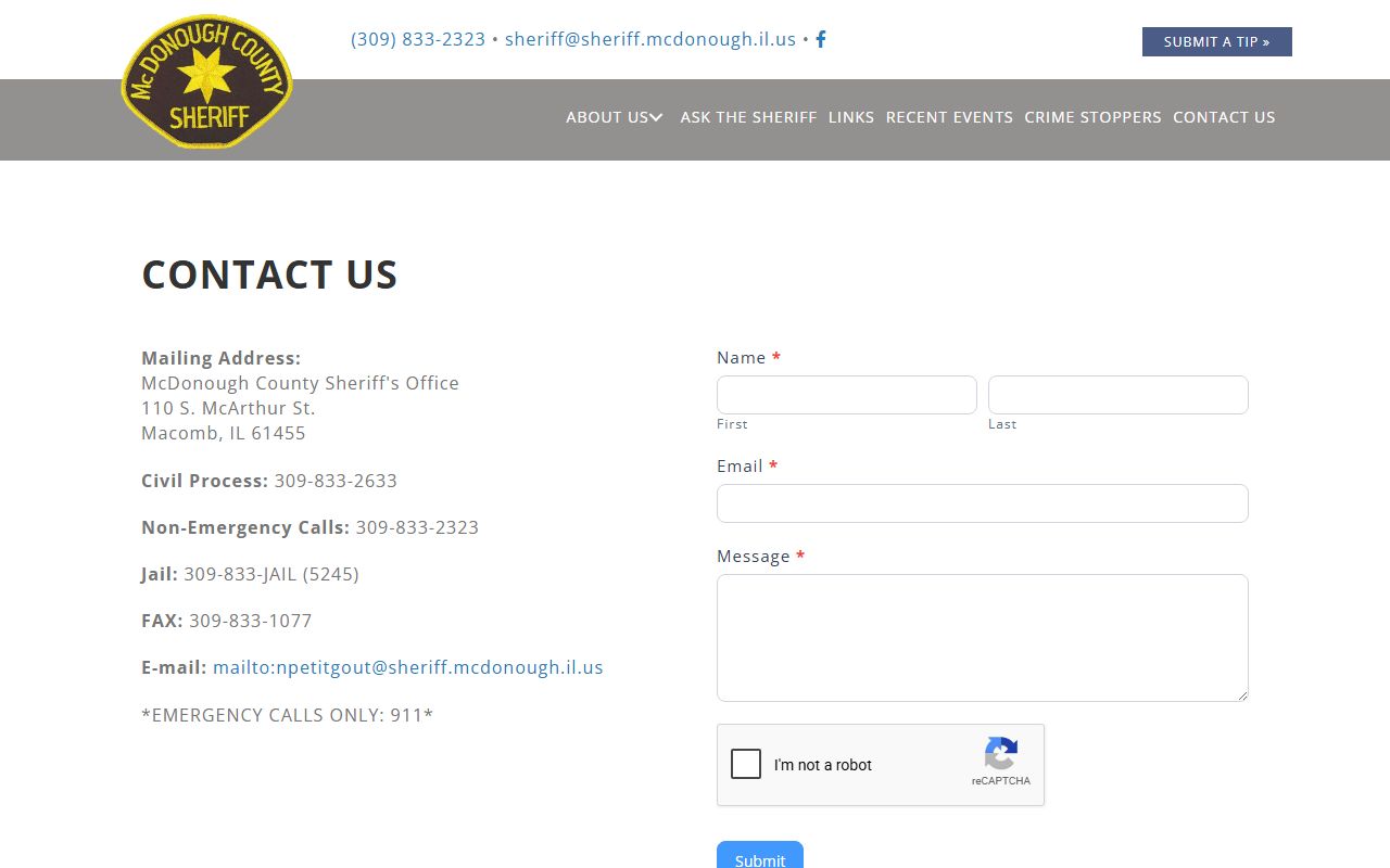 McDonough County Jail inmate custody search contact page